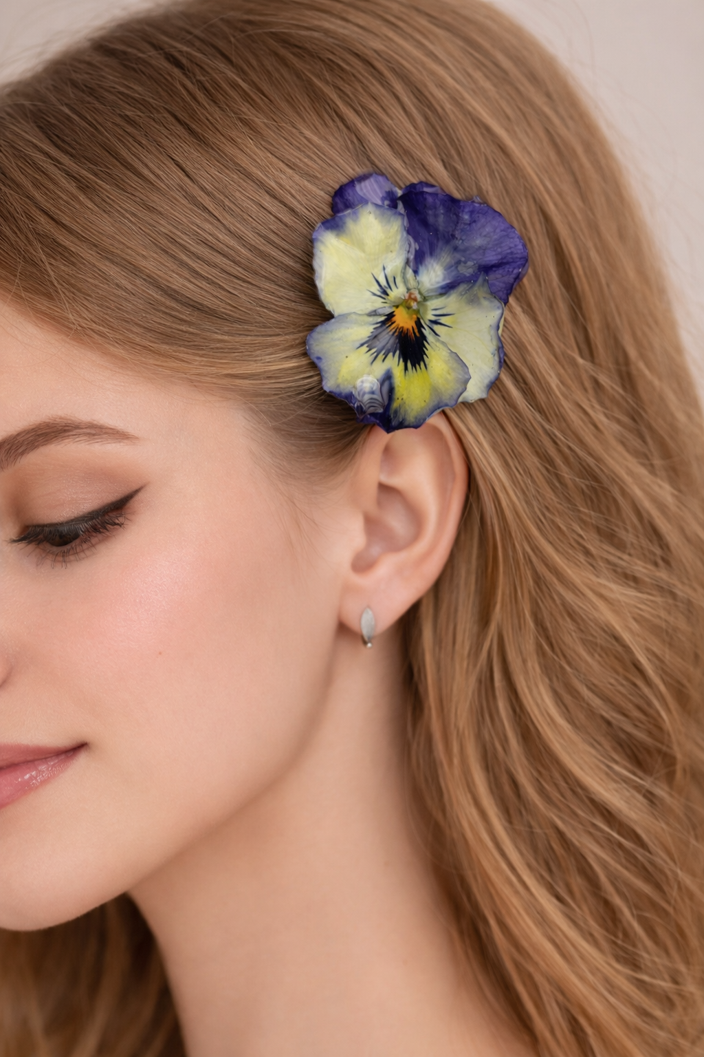 Horquilla Pelo Con Flor Natural (Pensamiento) Amarillo Claro Y Malva