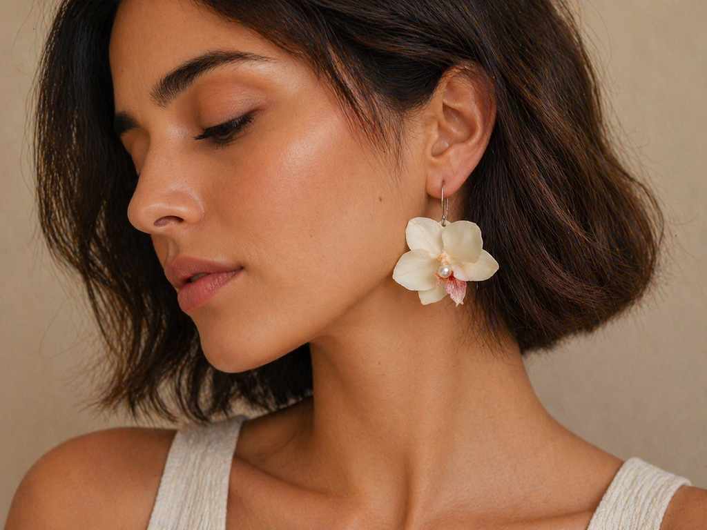 Pendientes Orquidea Natural Enana En Resina - Flor Elegante Blanco Roto